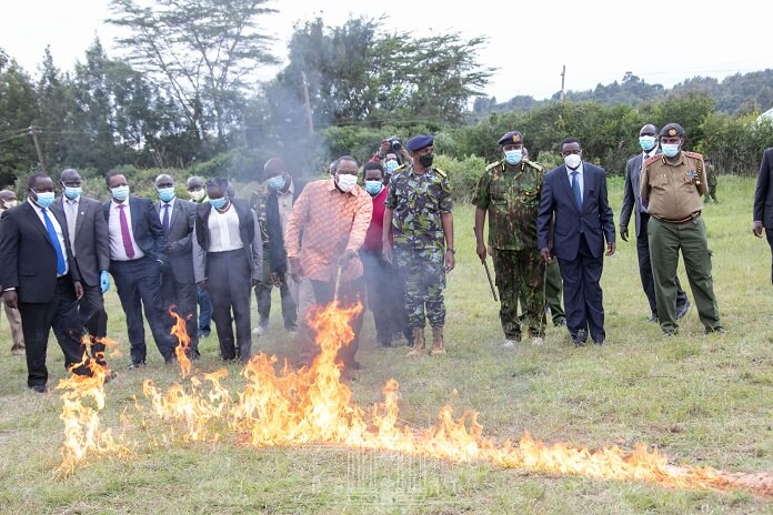 President Uhuru presides over the burning of illegal firearms.