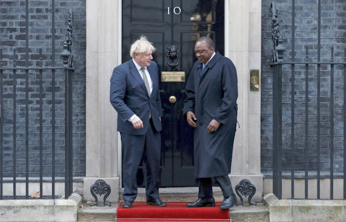 UK Prime Minister Boris Johnson with President Uhuru Kenyatta after a joint press conference in London in January 2020. Image: PSCU