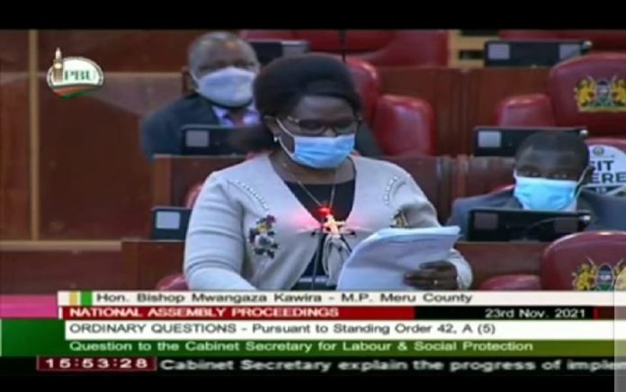 Meru County MP Hon. Bishop Kawira Mwangaza poses questions to Labour CS